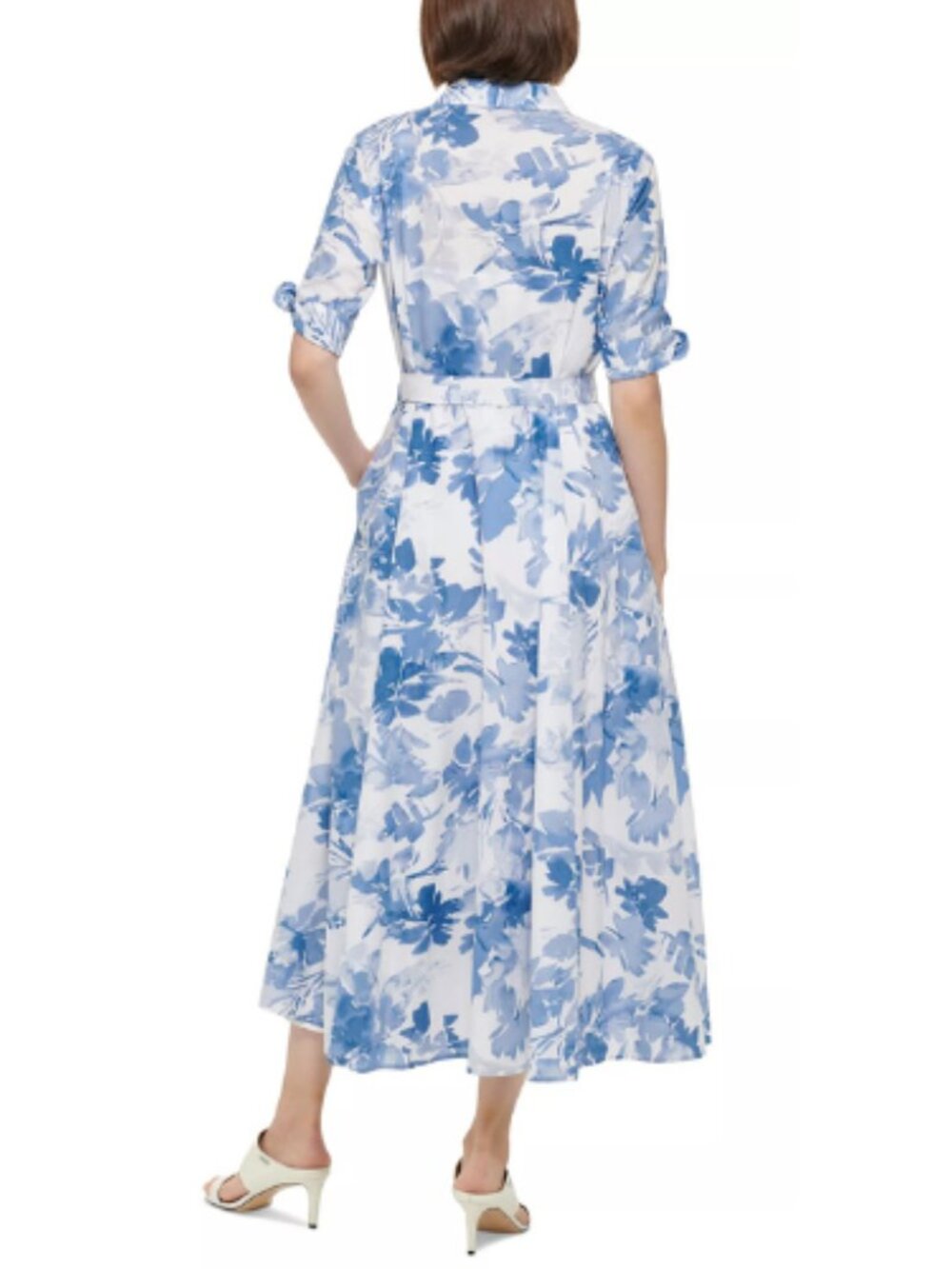 Calvin Klein Blue White Floral Shirt Dress V Neck Belted Dress Formal Size 6 - Picture 2 of 13